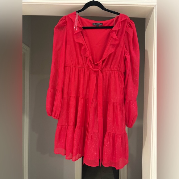Crystal Doll Red Shimmer Ruffled tiered Women's Dress Size L - Picture 3 of 8